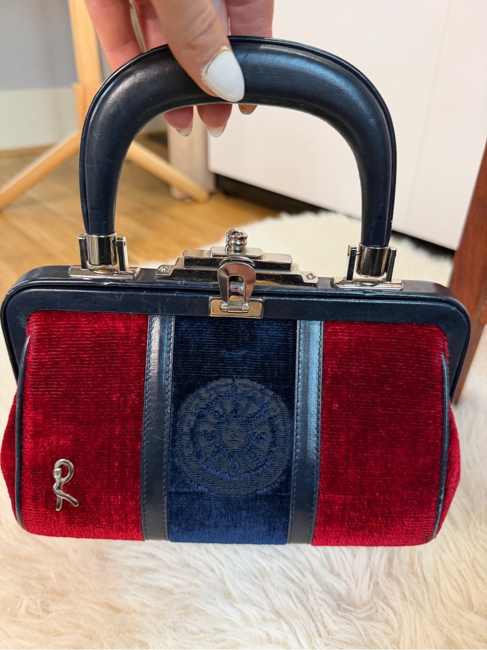 Roberta Di Camerino Bagonghi bag red/blue velvet body polished silver hardware